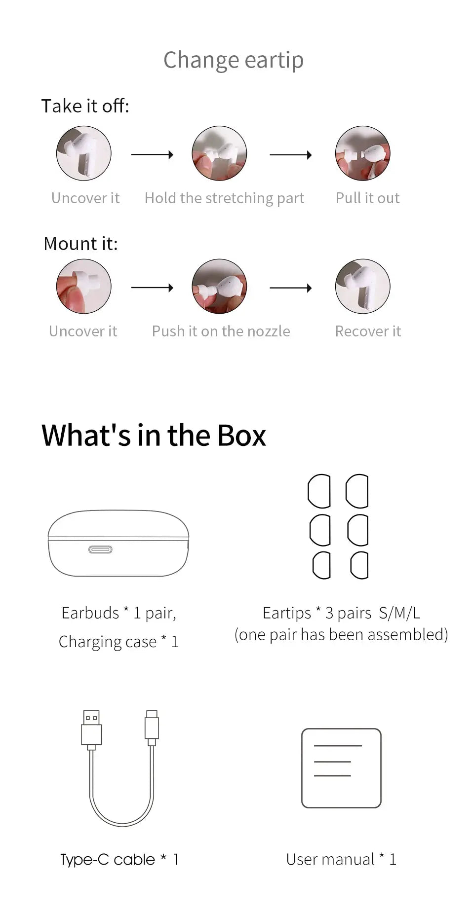 QCY HT05 ANC wireless earbuds sheet with white earbuds and contents: case, ear tips (S/M/L), Type-C cable, manual