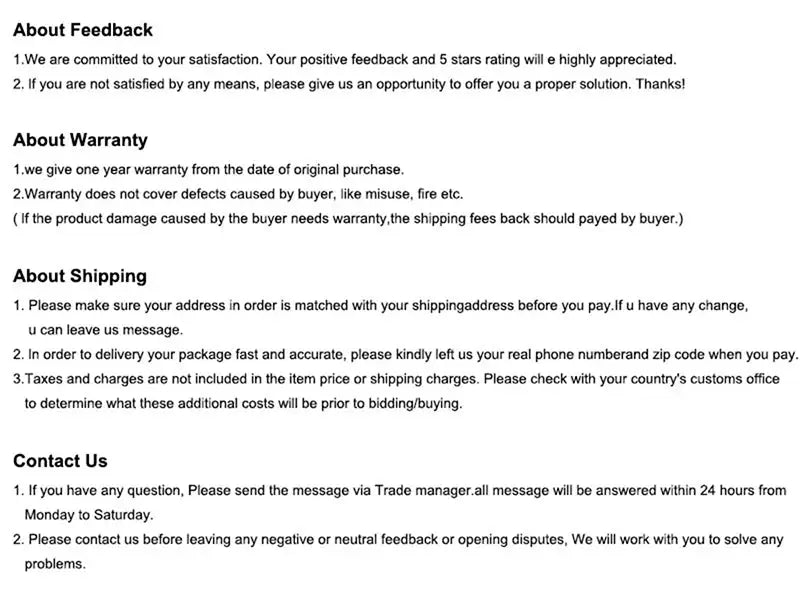 Screen showing policy sections: About Feedback, About Warranty, About Shipping, and Contact Us.