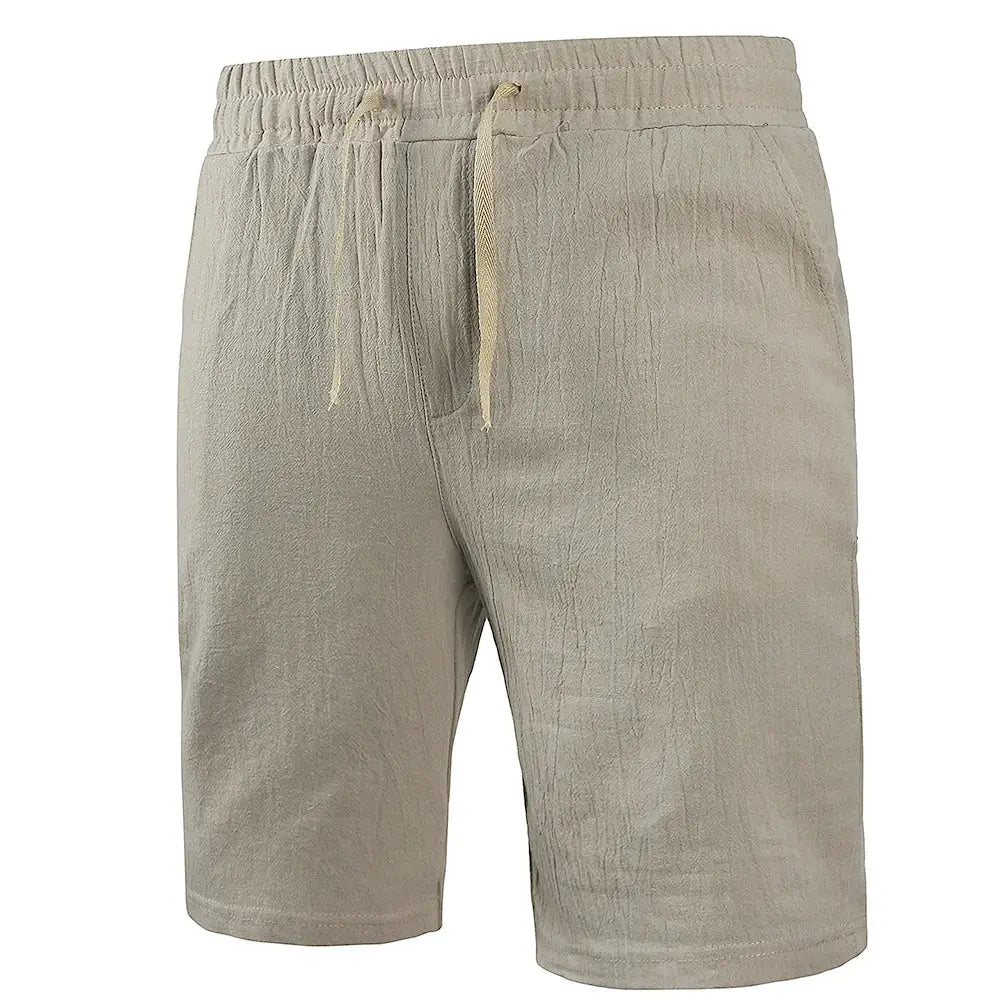 Men's cotton-linen shorts in beige with drawstring, elastic waistband