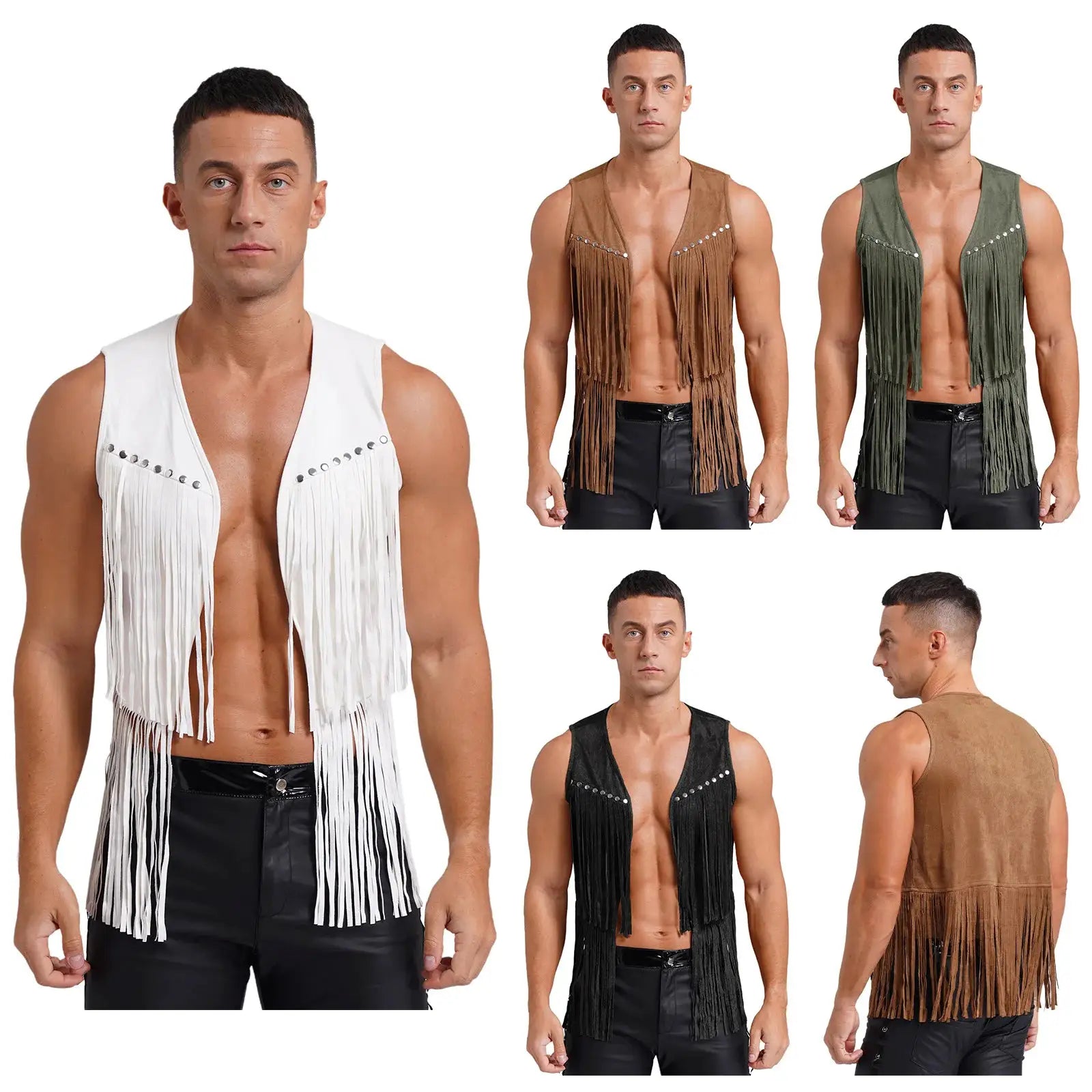Mens faux suede tassel vest with rivets, open-front sleeveless waistcoat in white, brown, green and black