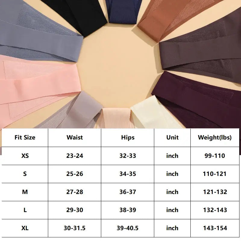 4-piece seamless ultra-thin women's underwear set in assorted colors with size chart displayed