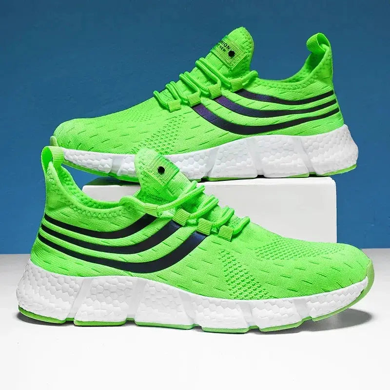 Men's neon green sneakers with breathable knit upper, black stripes, and white platform sole; Simples Market, 2 shown.