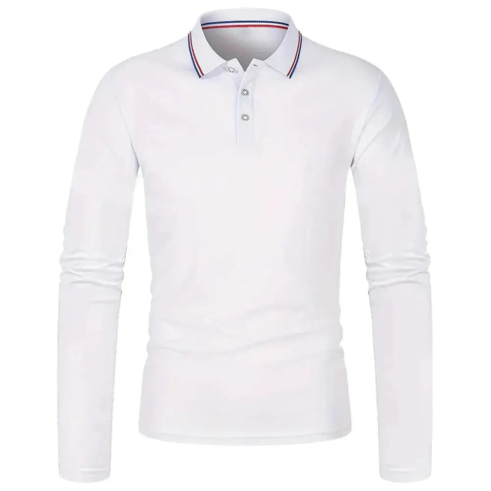 Men's white long-sleeve polo shirt by Simples Market with striped collar.