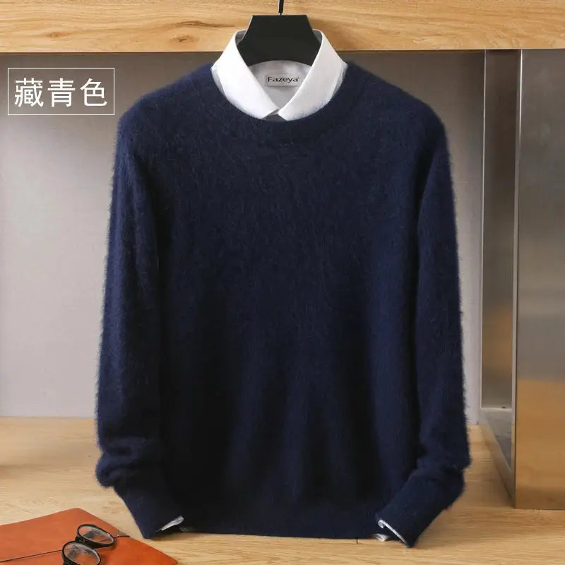 Men's navy mink cashmere sweater knit pullover with O-neck; Fazeya label visible