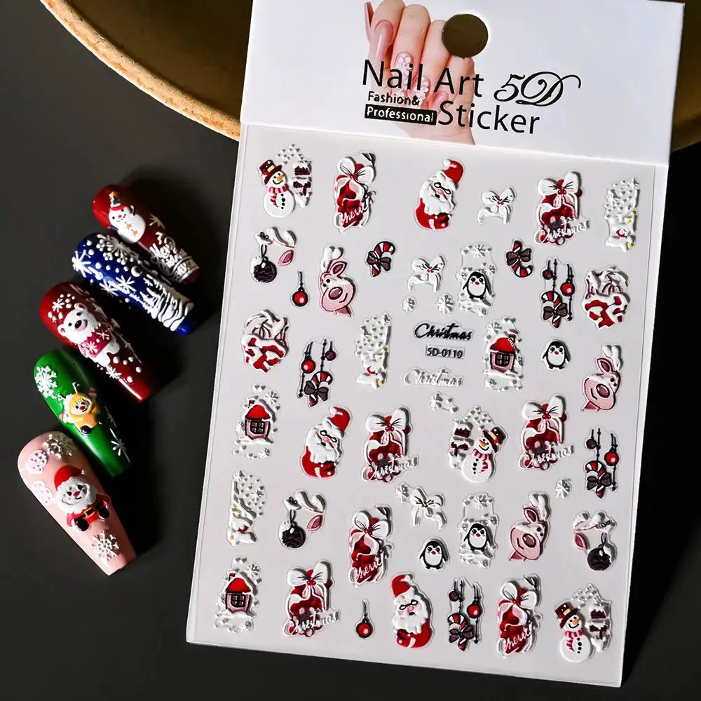Winter Christmas nail sticker sheet with snowmen, Santa figures and snowflakes; self-adhesive decorative decals