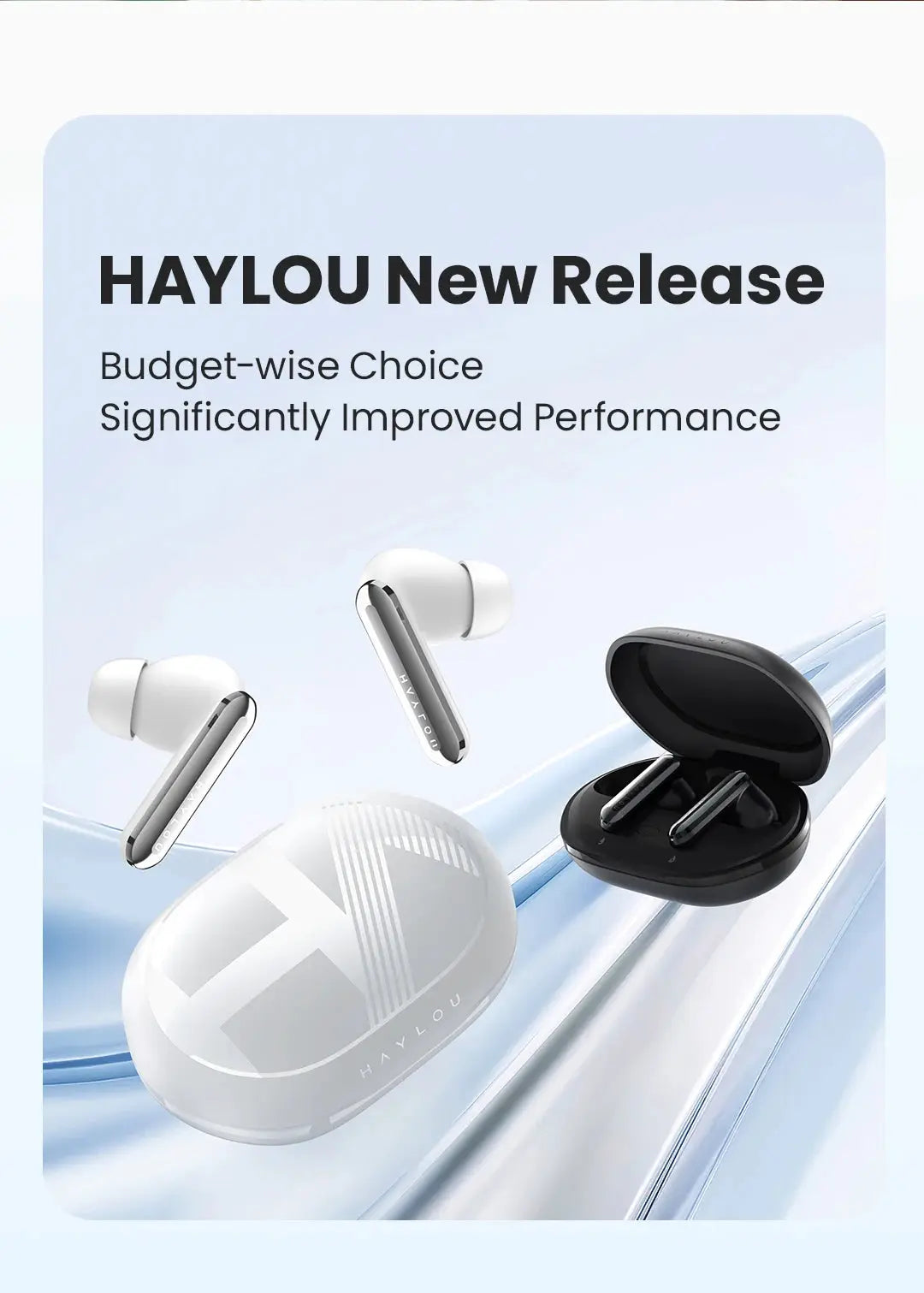 Haylou Mori Pro wireless earphones with charging case; two white earbuds with silver stems and Haylou logo visible.