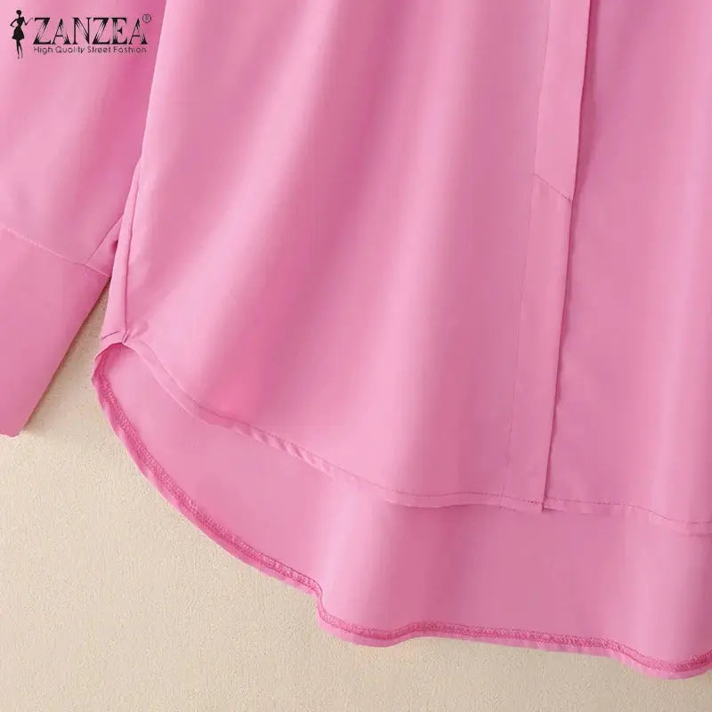 ZANZEA oversized pink blouse with turn-down collar, long sleeves, curved high-low hem
