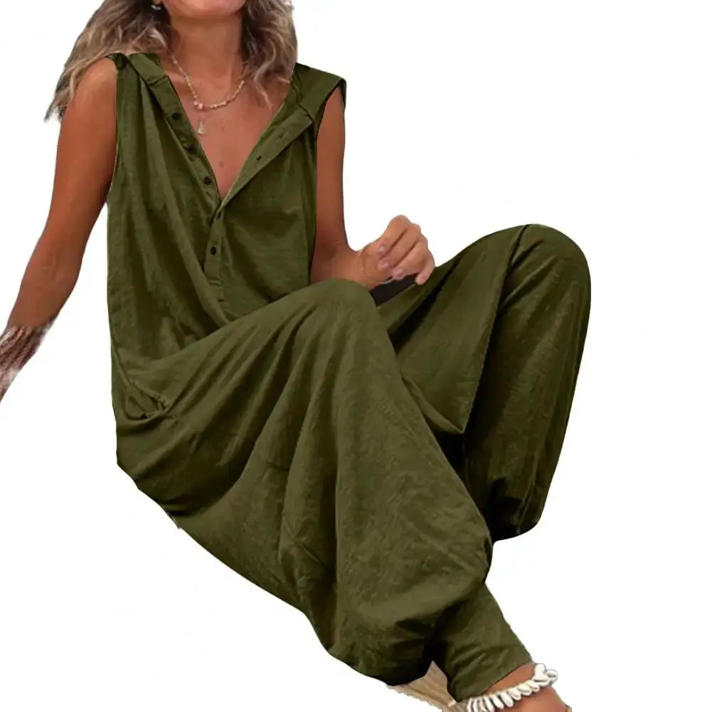 Simples Market olive green cotton women's overalls, casual bohemian jumpsuit