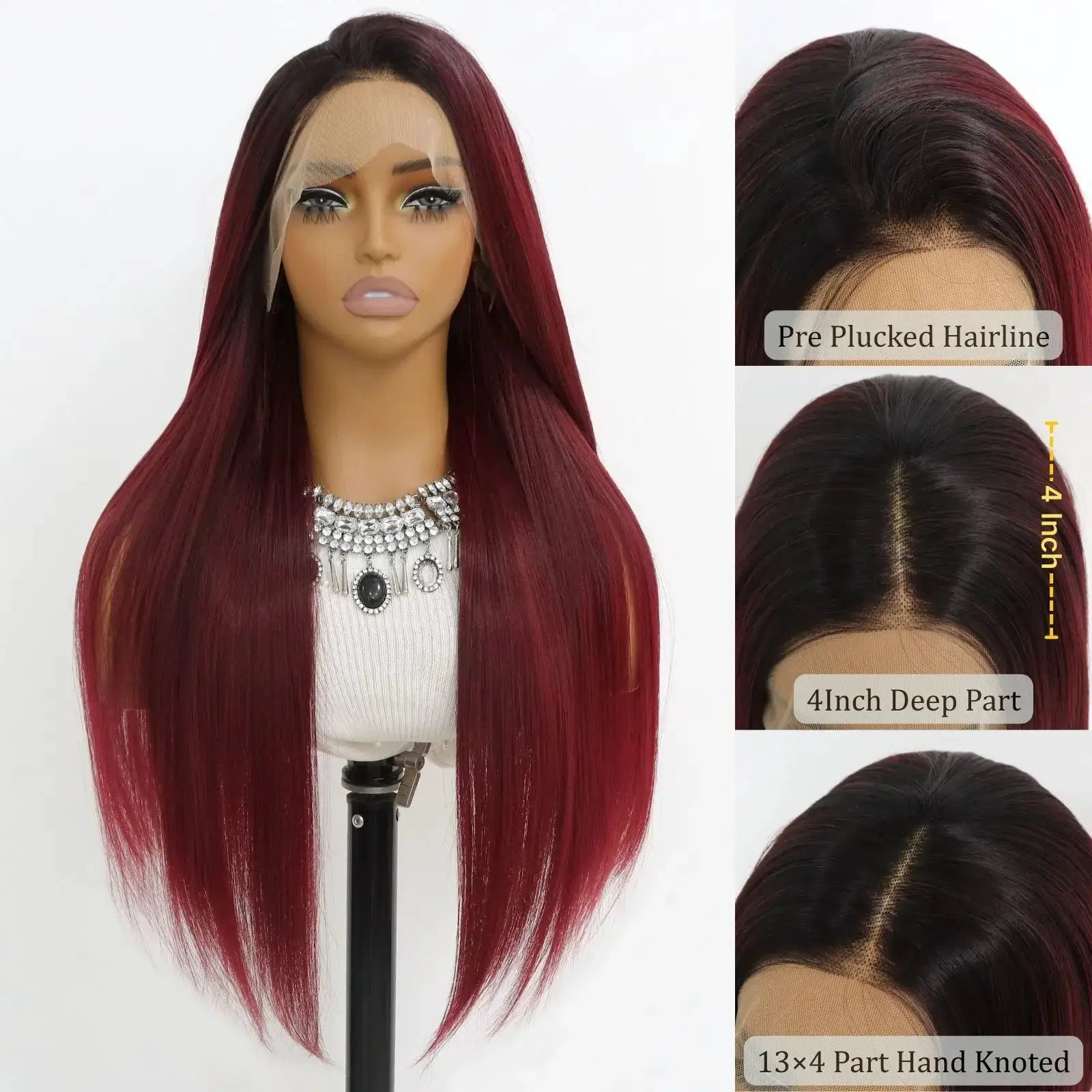 Ombre Burgundy Lace Front Wigs Long Straight 24 Inch 13x4 Synthetic Wine Red For Women