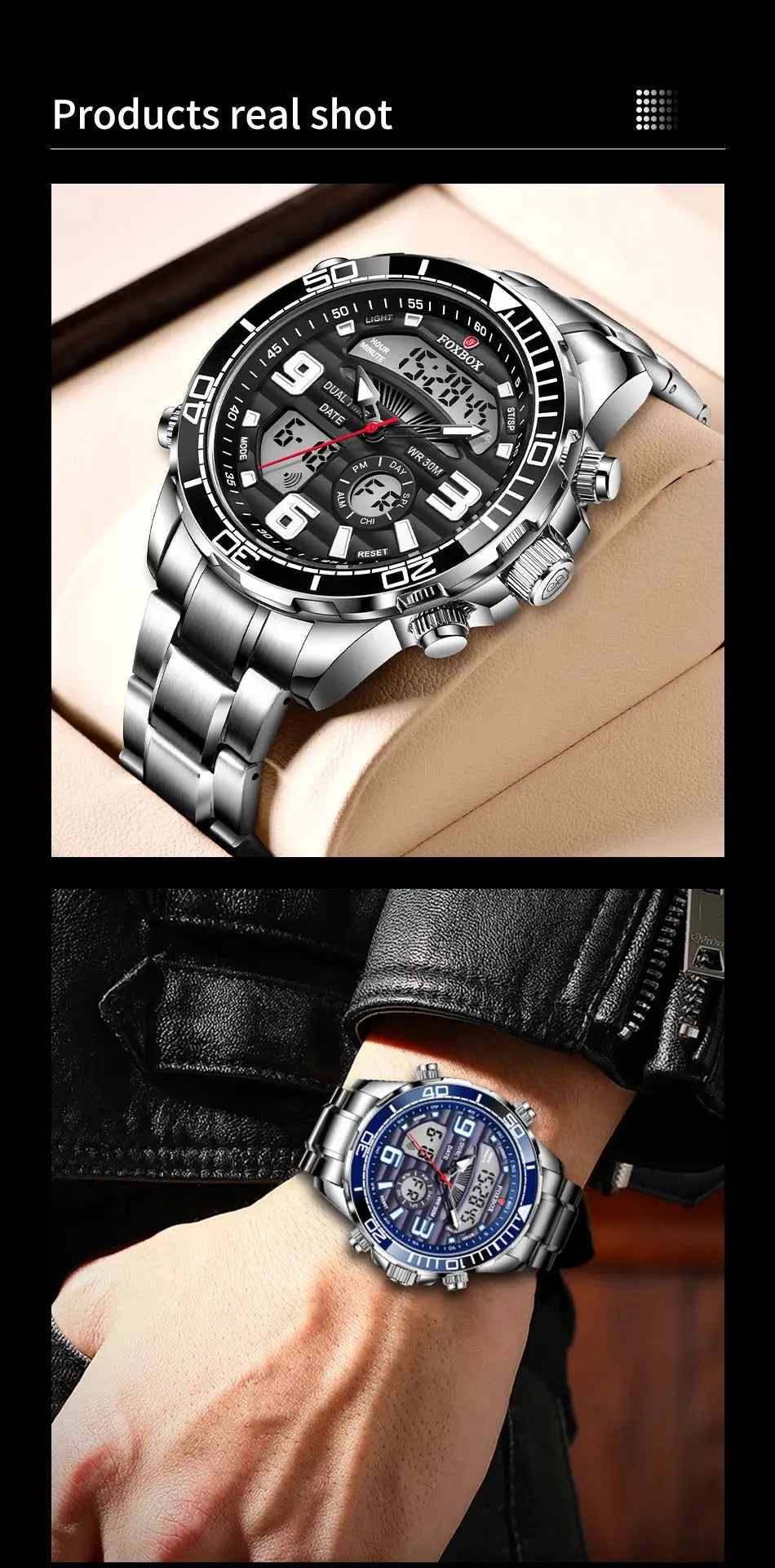 FOXBOX men's military-style sport watches; two stainless steel timepieces with black and blue dials