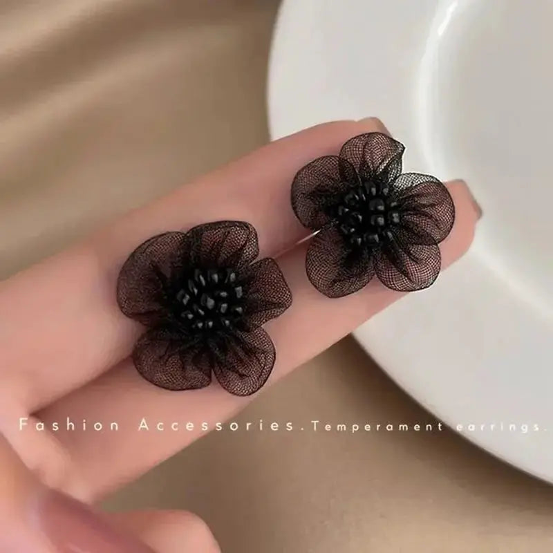 Black mesh flower earrings pair, lightweight fashion jewelry for women