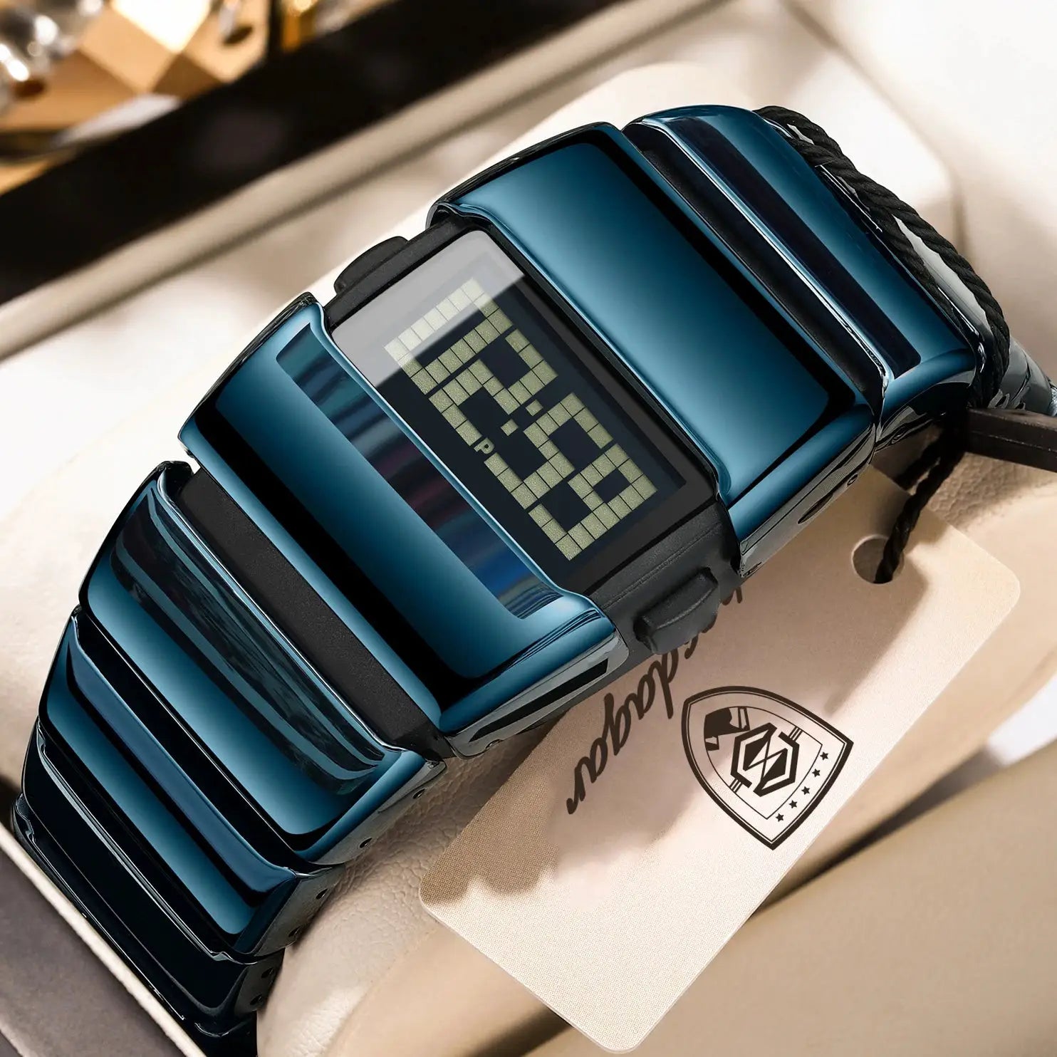 POEDAGAR fashion LED men's watch with blue stainless steel bracelet and digital display
