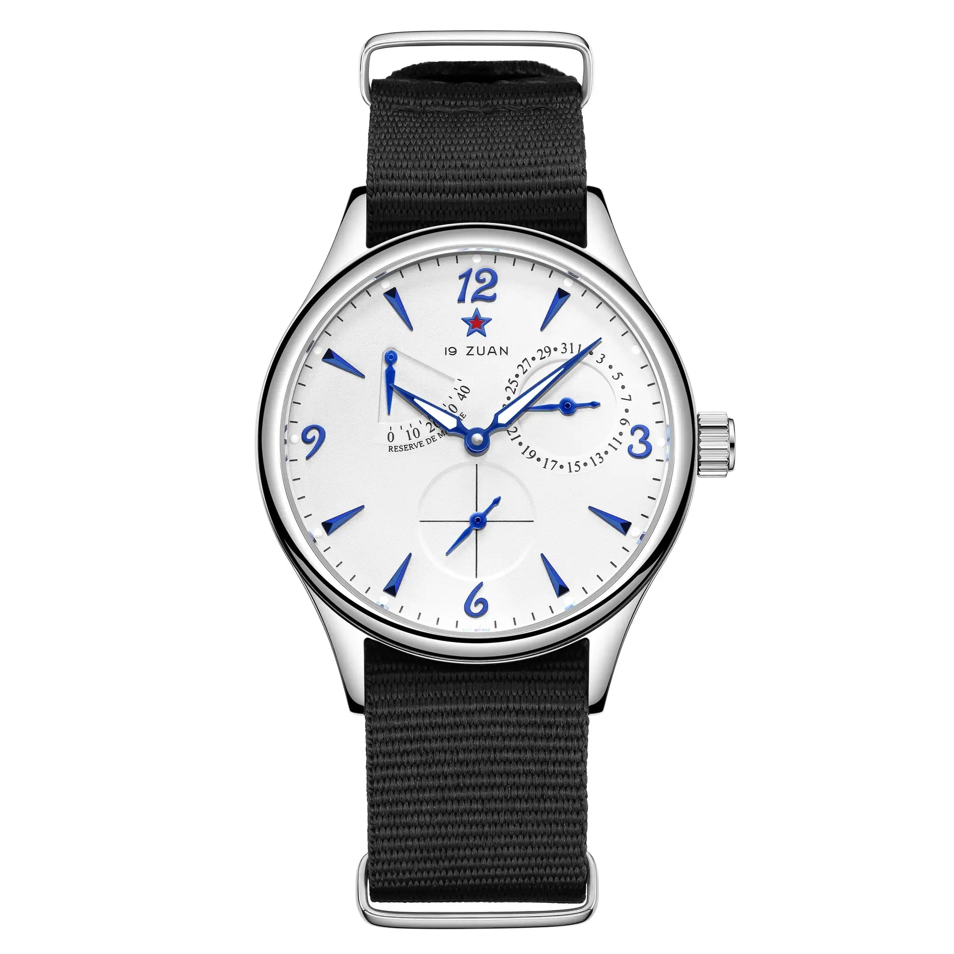 Men's 40mm pilot watch with black fabric strap, silver case, white dial, blue numerals and hands.