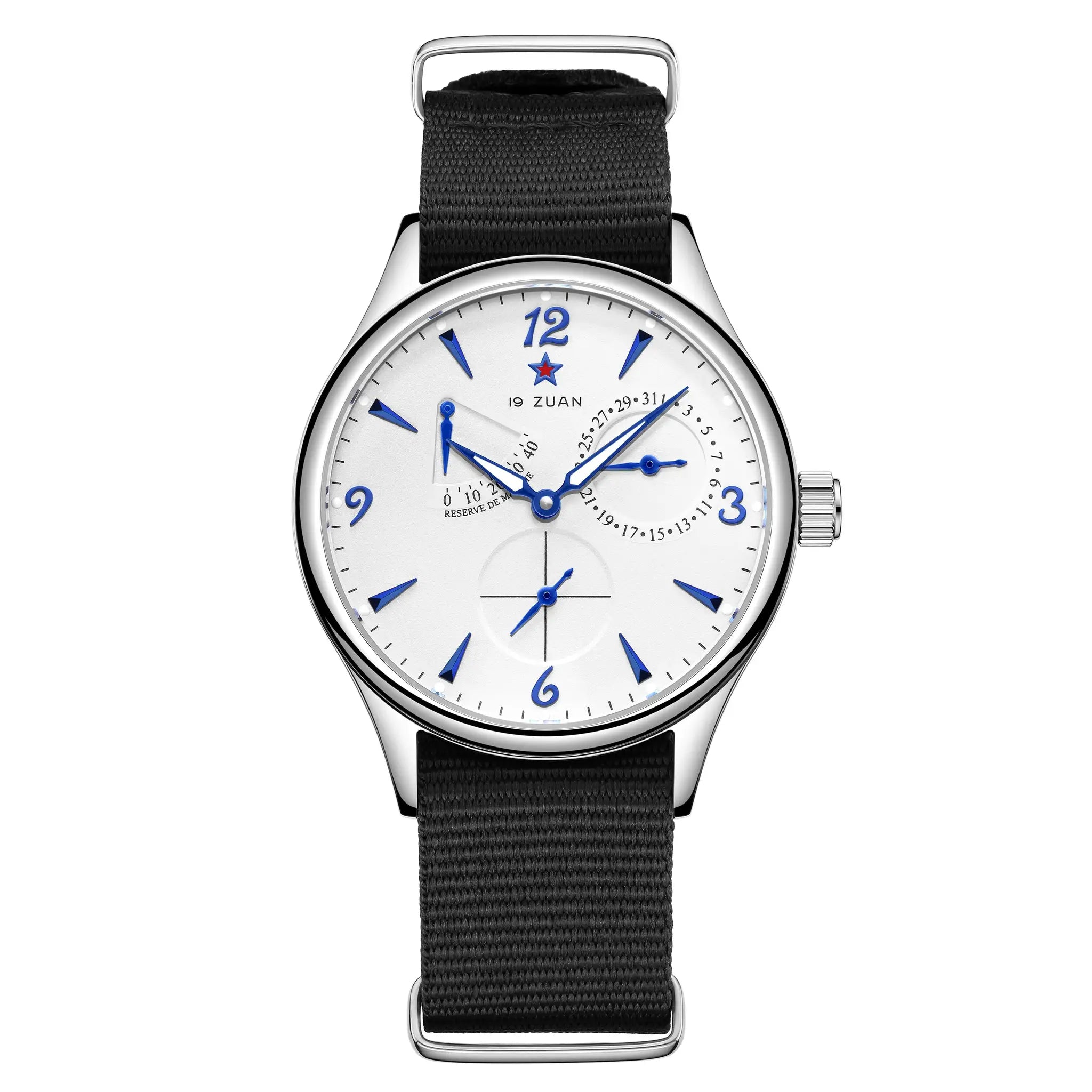 Men's 40mm pilot watch with black fabric strap, silver case, white dial, blue numerals and hands.