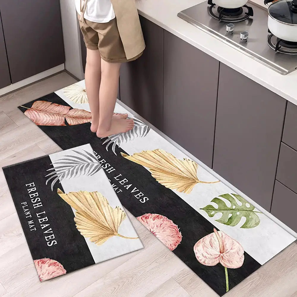 Non-slip kitchen mat runner with crystal velvet, botanical leaf design in black/white panels; set of 2 mats