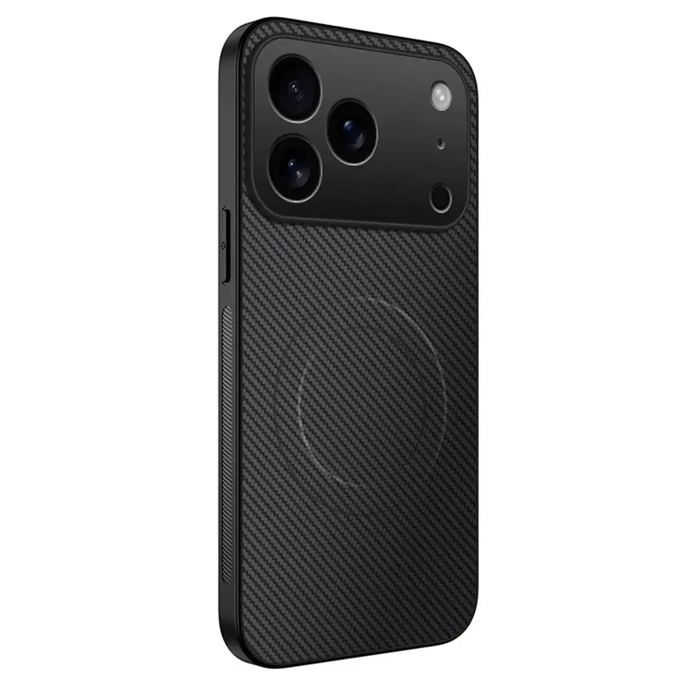 iPhone ultra-thin case with black carbon fiber texture, MagSafe compatible