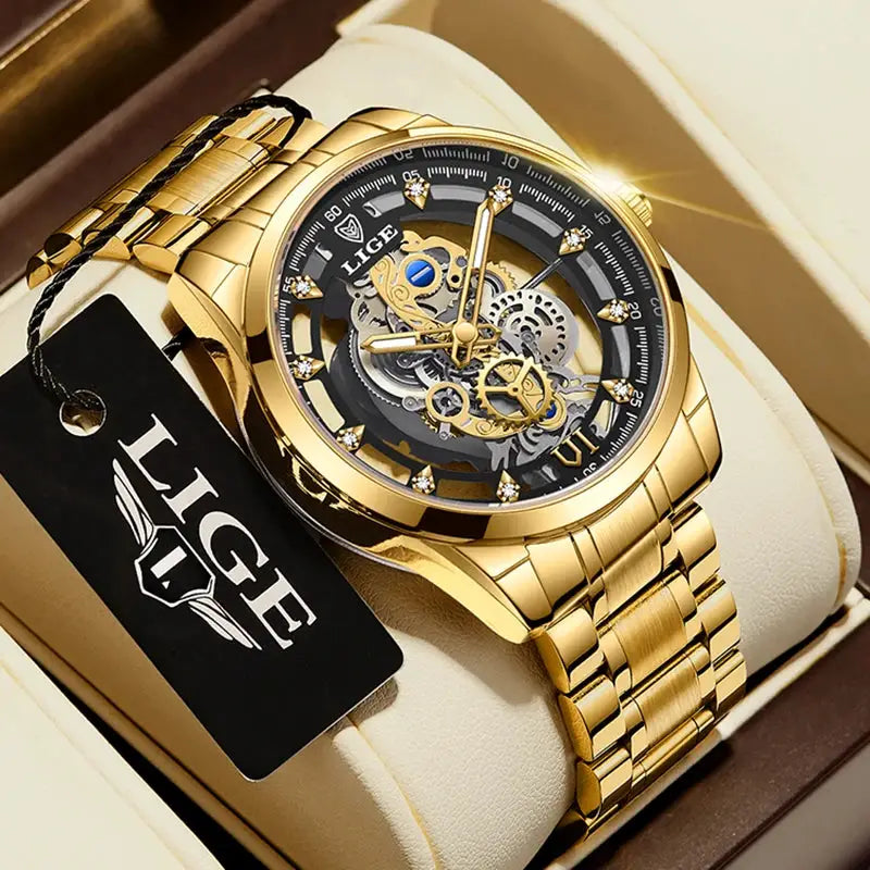 LIGE gold-tone stainless steel skeleton men's wristwatch with exposed gears