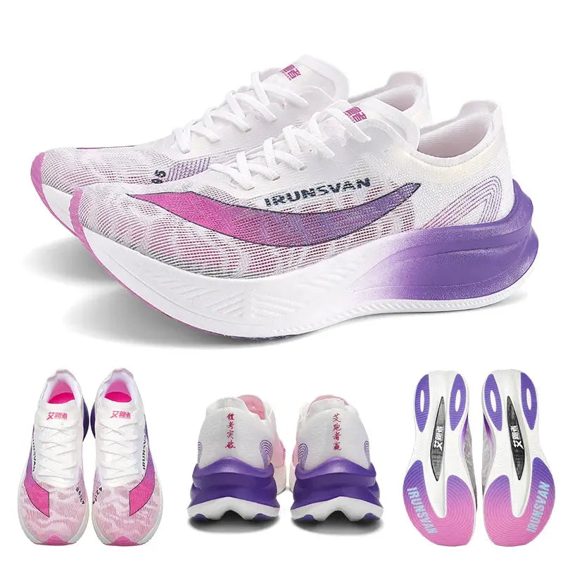 IRUNSVAN running shoes, white with pink and purple gradient, lightweight cushioning for marathon training