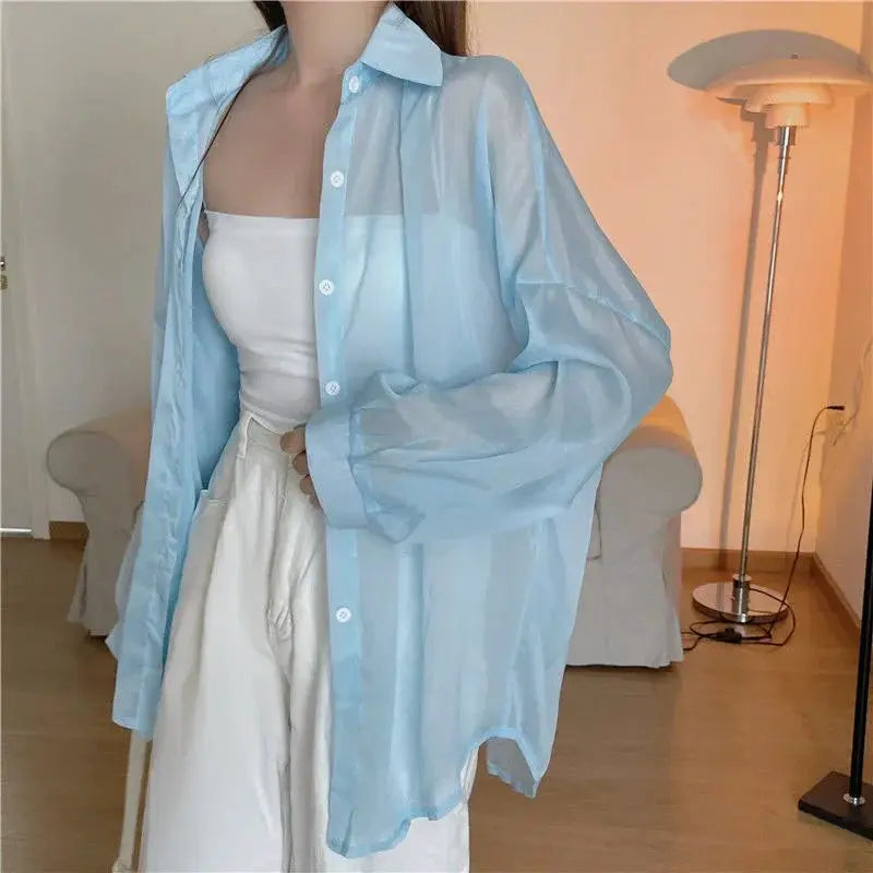 Xpqbb women's light-blue chiffon shirt, sheer long sleeves, casual loose button-down blouse