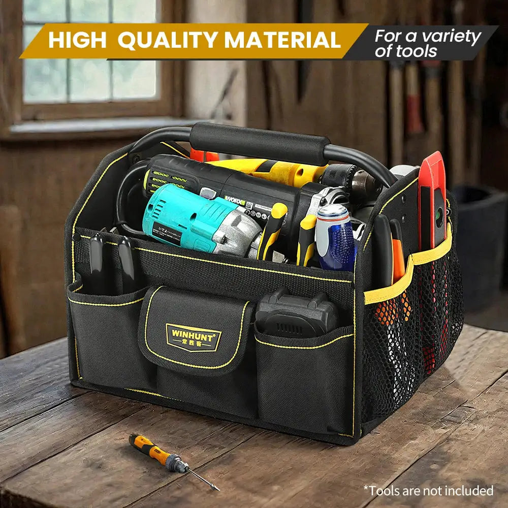 WINHUNT tote bag, 10-pocket wide-mouth tool bag in black with yellow trim, shown loaded with hand tools for organization.