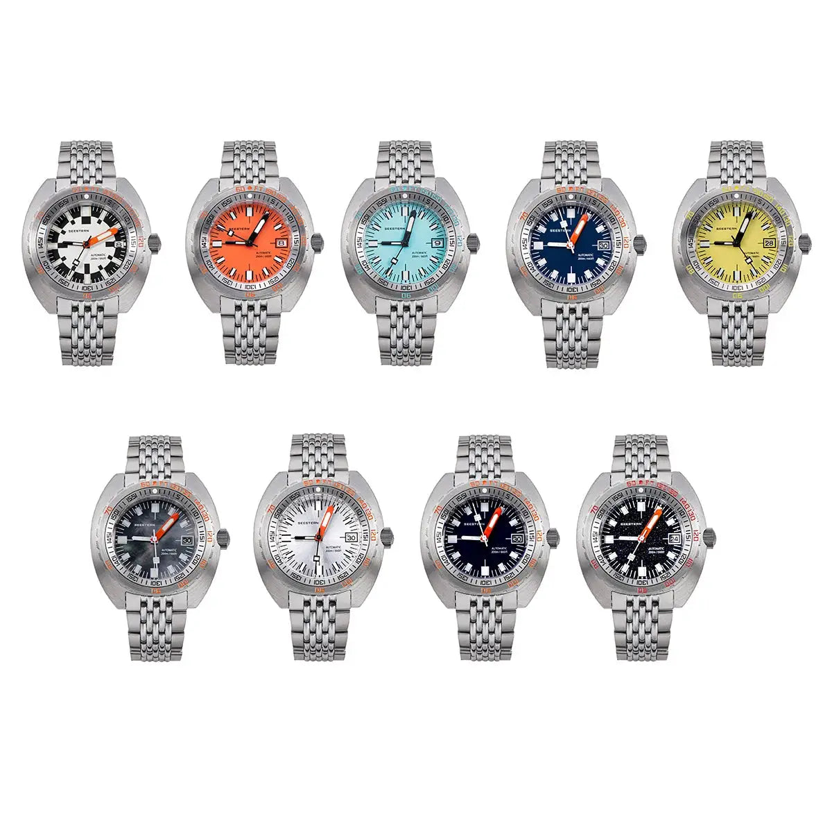 Seestern men's diver watches set of 9 with stainless-steel bracelets in assorted dial colors