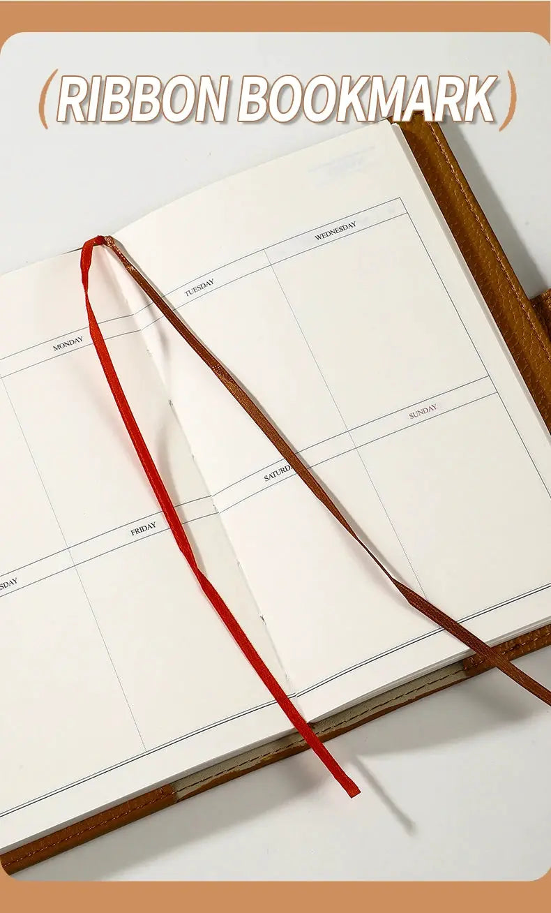Simples Market A6 weekly planner notebook with brown leather cover and red ribbon bookmark.