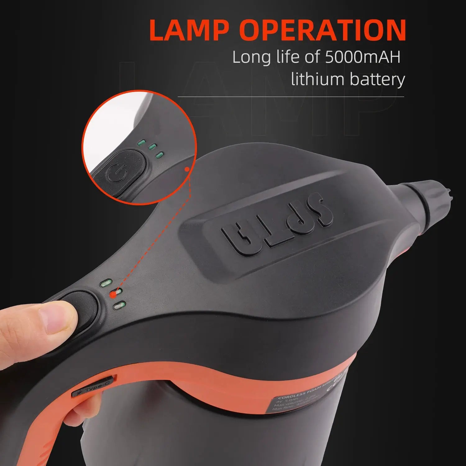 SPTA cordless foam sprayer 2.25L for car cleaning, black and orange body, battery powered