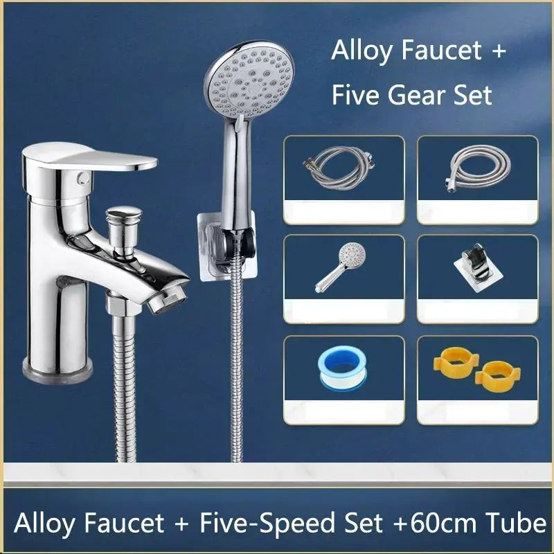 Chrome bathroom faucet with handheld shower and hose accessories (60 cm tube)