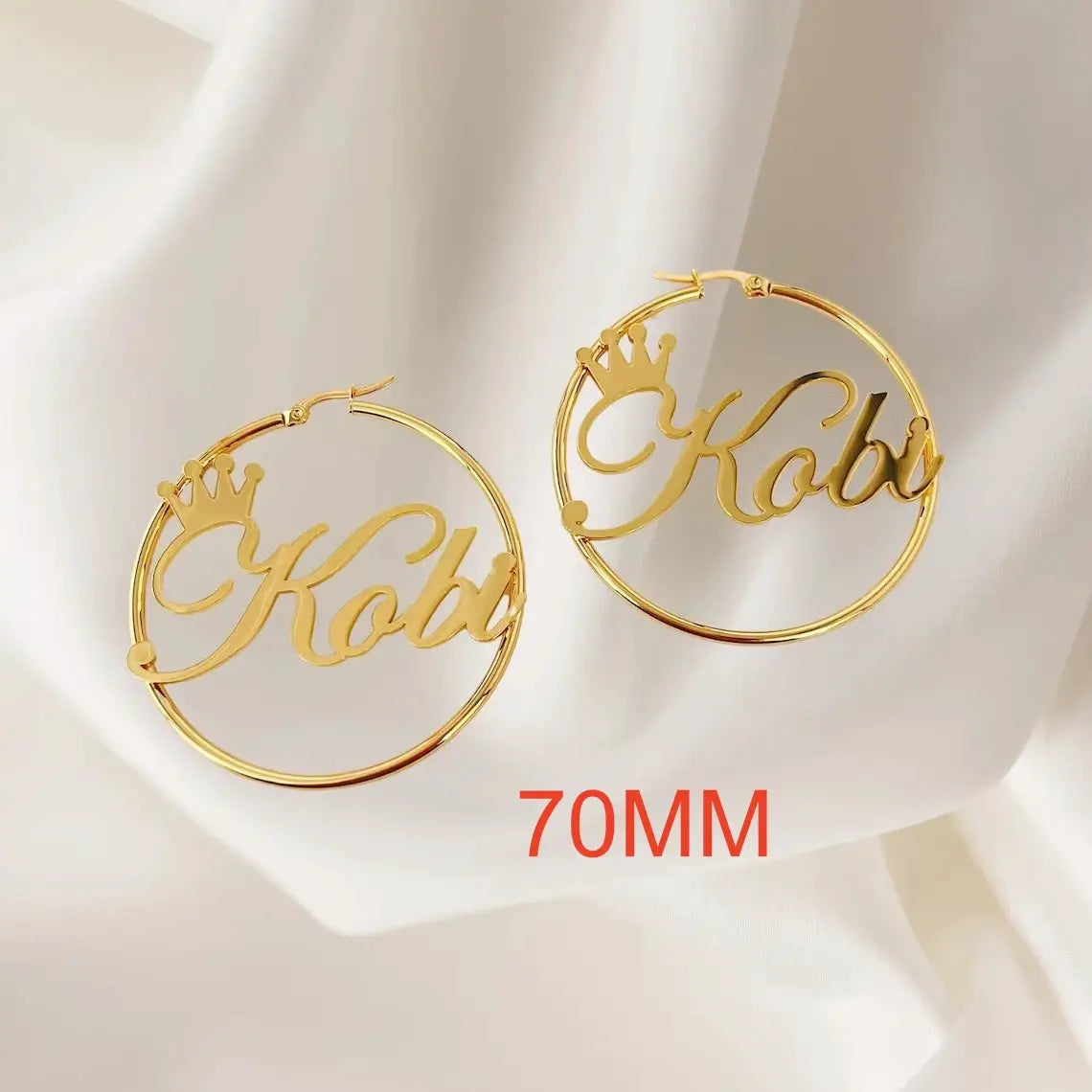 Pair of gold-tone crown-name hoop earrings, 70mm, personalized nameplate hoops
