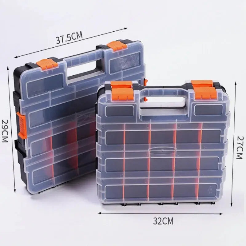 Two-piece hand-held plastic hardware tool box set, transparent gray with orange latches, Simples Market.