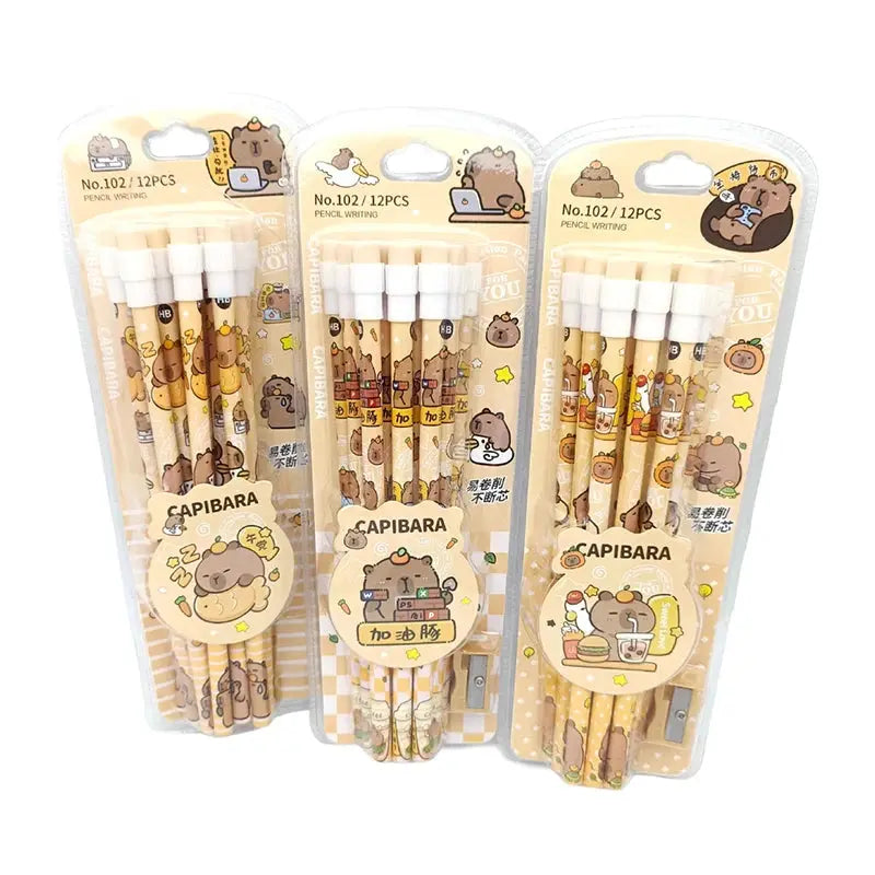 Simples Market Capybara HB pencils set, 12pcs with sharpener, cute cartoon designs, three packs shown