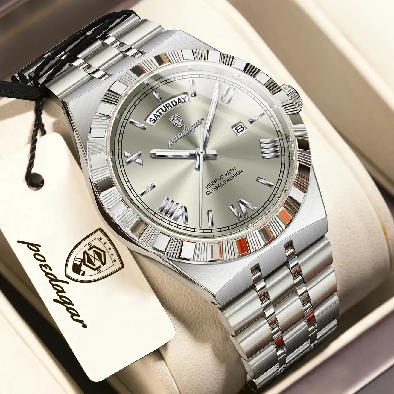POEDAGAR stainless steel men's wristwatch with silver dial, day-date display, and metal bracelet
