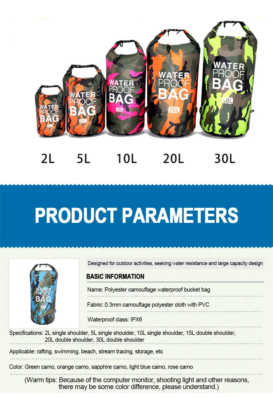Dry bag waterproof set: five camo bags in 2L, 5L, 10L, 20L, and 30L for outdoor activities