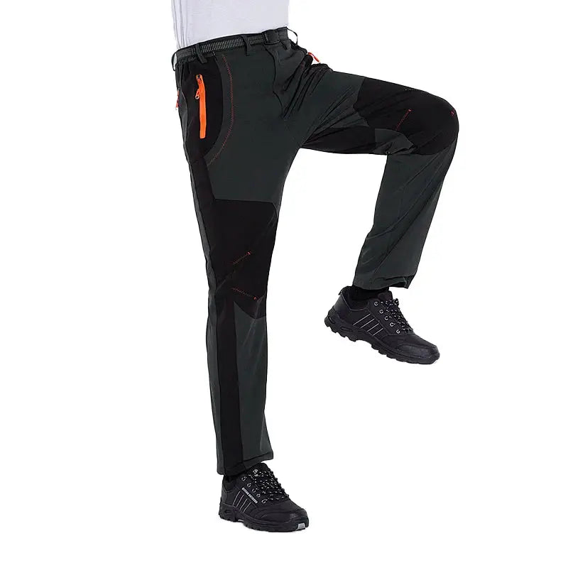 JNLN Thick Warm Fleece Hiking Pants for men, black/gray soft-shell trekking pants with orange zippers, Simples Market