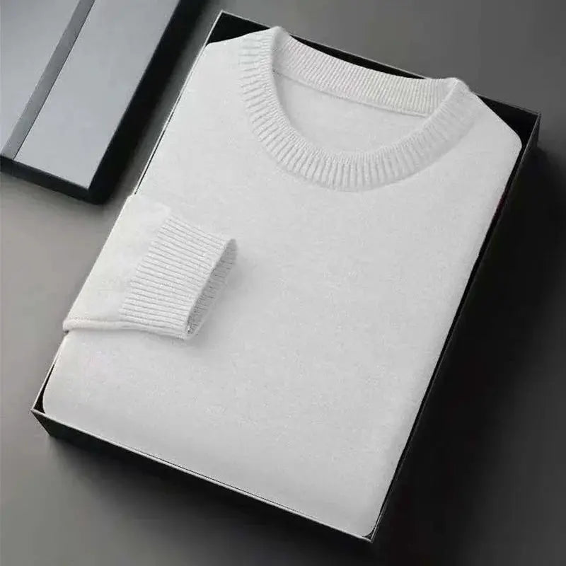 Men's white crewneck knit pullover sweater, lightweight soft fabric.