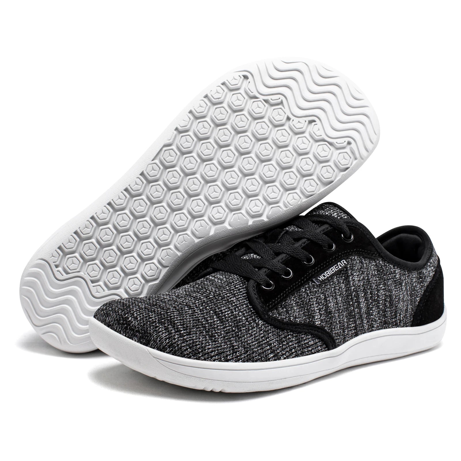 HOBIBEAR minimalist barefoot sneakers, black knit upper with white sole, zero-drop, unisex wide fit (2 shoes)