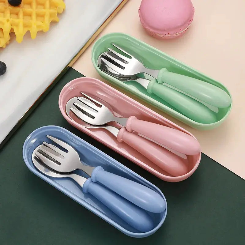 3 Piece Children Spoon And Fork Set Stainless Steel Portable Baby Feeding Utensils For Toddlers