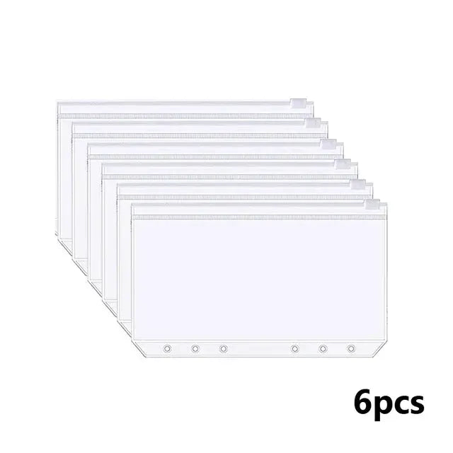 A6 PVC zipper binder pockets, 6pcs, waterproof cash-budget envelopes for notebooks and planners