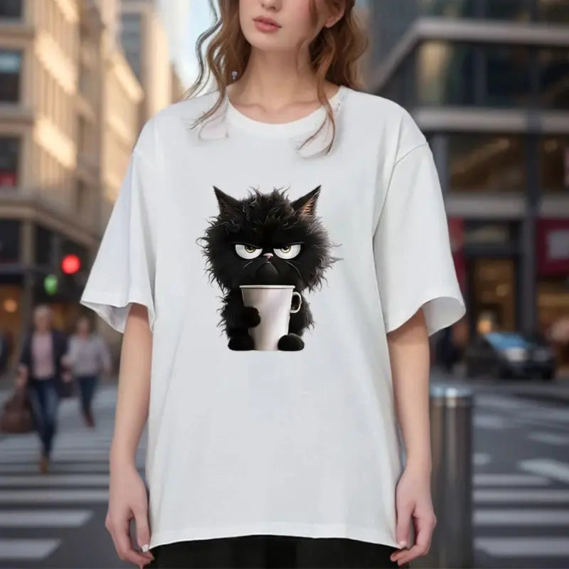 Oversized Cat Print Graphic T Shirt For Women Summer White Short Sleeve O Neck Casual Top