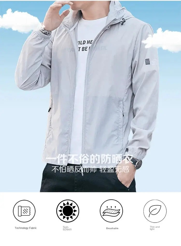 Men's light gray sun-protection windbreaker jacket, breathable and lightweight.