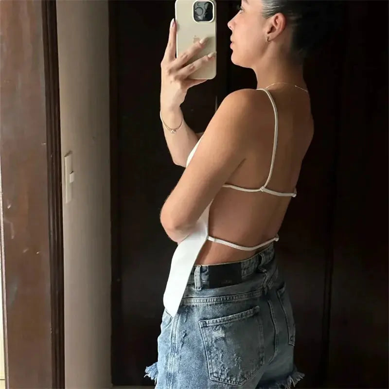 Women 2025 Black Backless Crop Top With Straps Breathable Polyester And Elegant Tatting For Parties