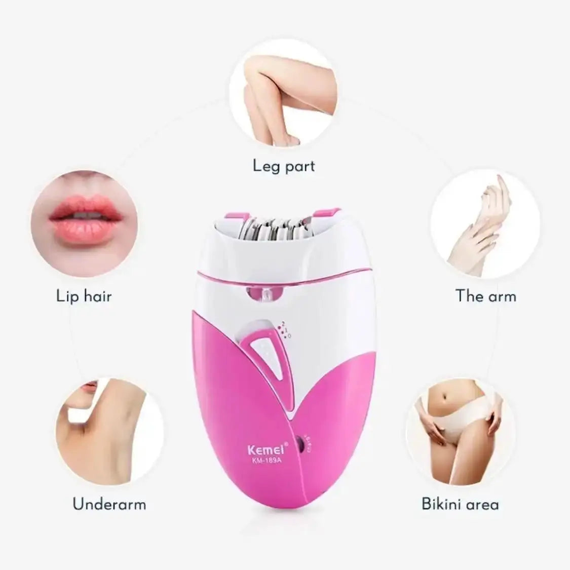 Kemei KM-189A pink USB-charging epilator for facial, leg, underarm and bikini areas