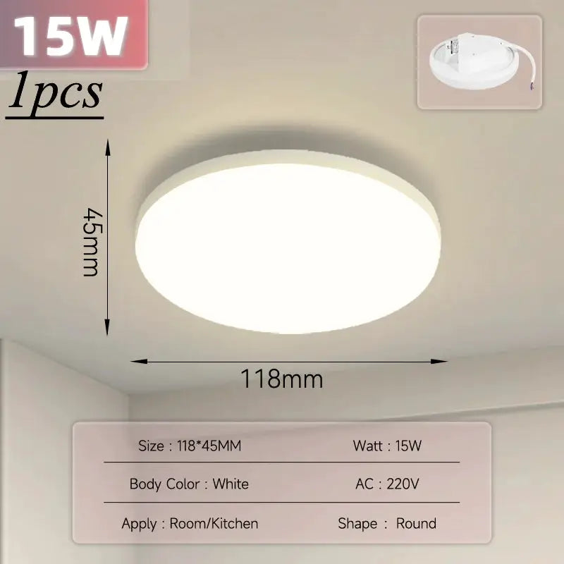 Simples Market round LED ceiling light, white panel, 118mm dia x 45mm height, 15W for living room/kitchen.