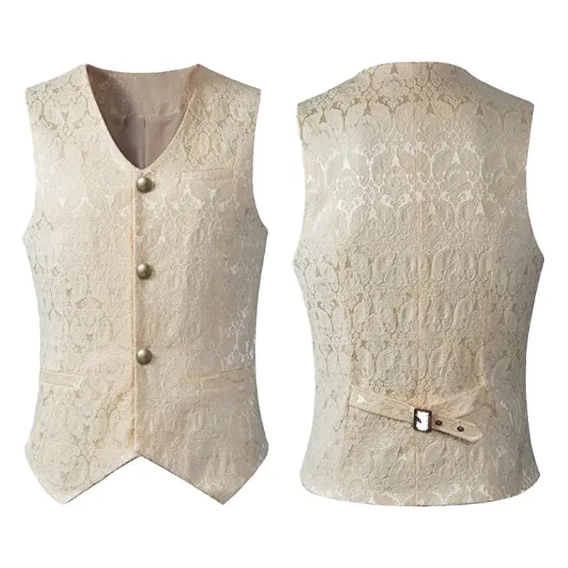 Men's ivory lace jacquard vest, single-breasted waistcoat with front buttons and back belt.