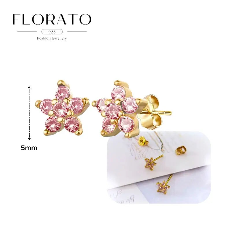 Flower-shaped zircon stud earrings, Florato 925 gold-tone with pink stones, 5mm, butterfly backs