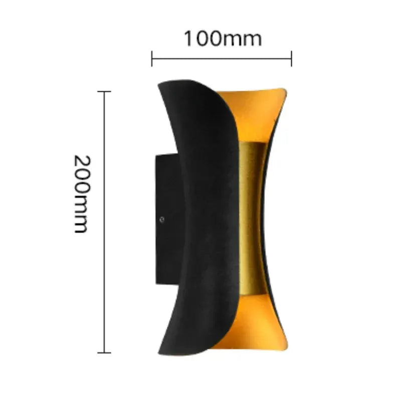 Aluminum LED outdoor wall light with golden body, IP65 waterproof sconce for porch or garden.