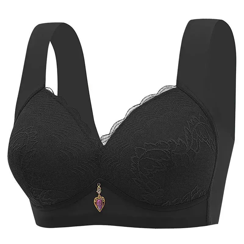 Bra black lace-embellished non-underwire, large size, with wide straps and small purple charm.