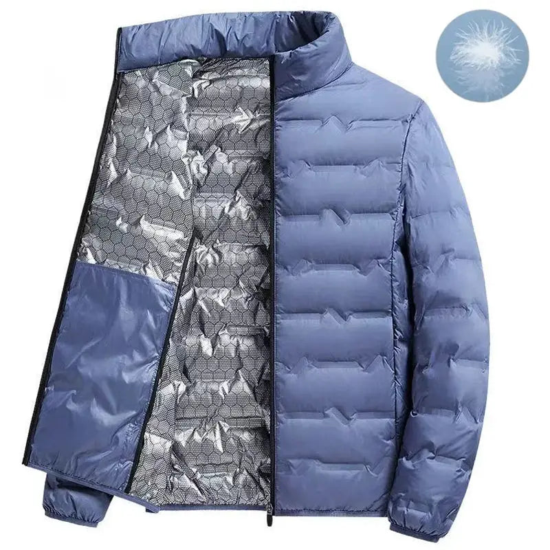 Men's blue duck-down puffer jacket with hood, quilted insulation and zipper closure