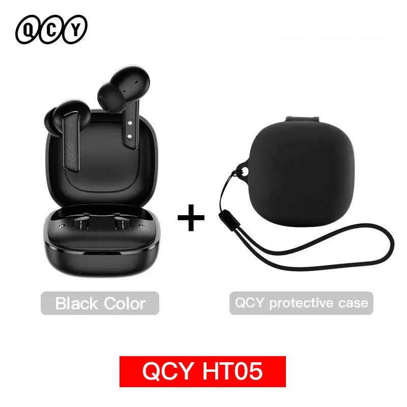 QCY HT05 ANC wireless earbuds with black charging case and protective case (2 items)