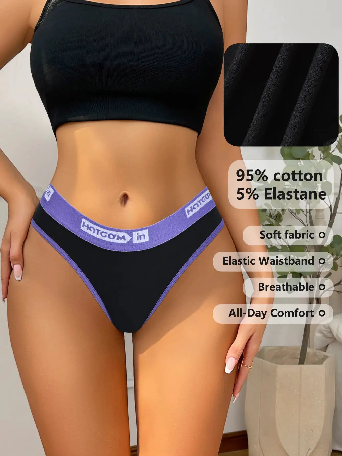 6-piece set of women's black cotton panties with purple elastic waistband (95% cotton, 5% elastane)